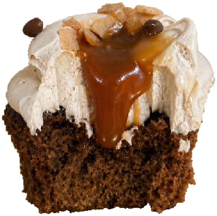 A salted caramel latte cupcake with a bite taken out, caramel running through the frosting